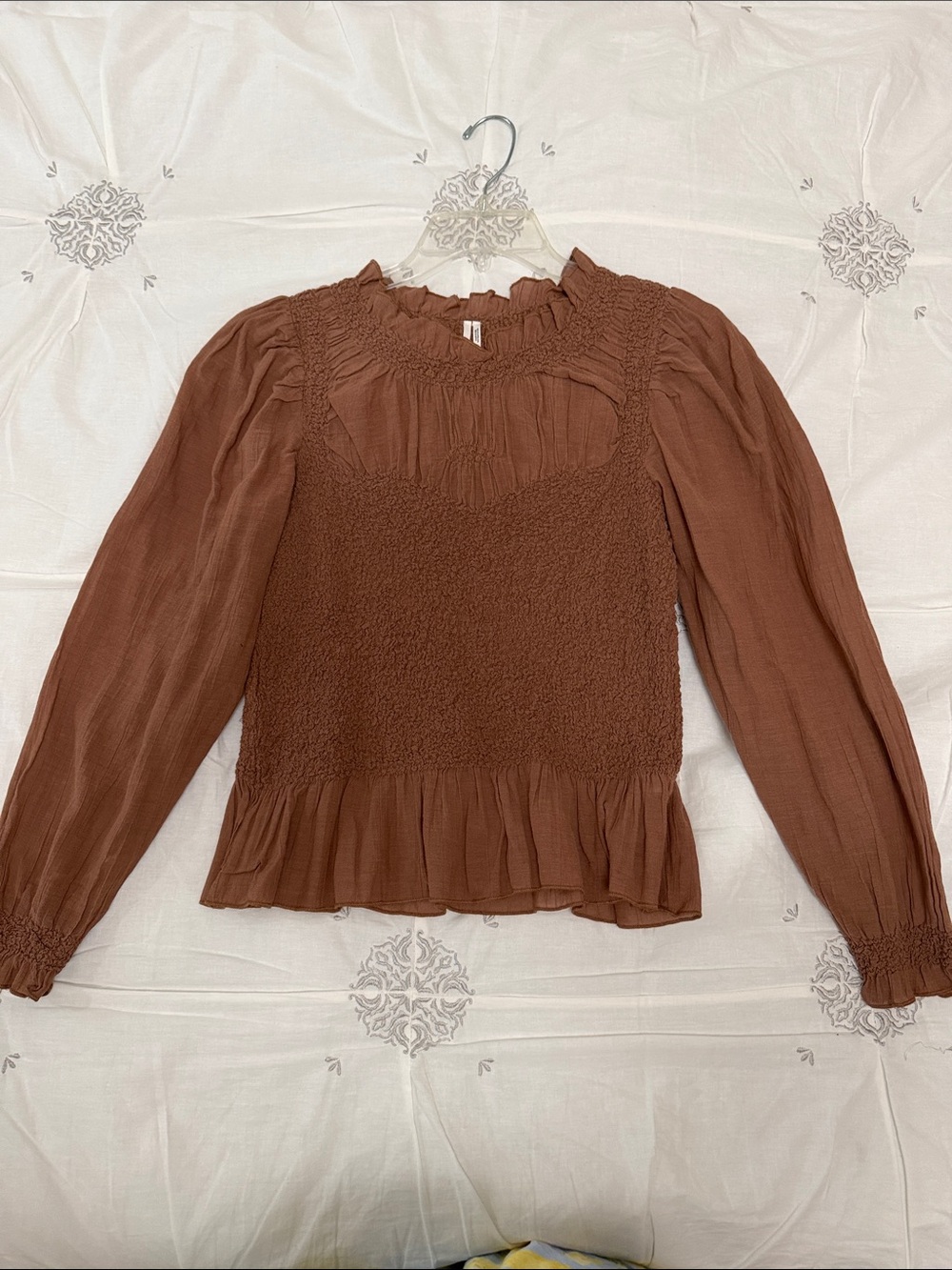 Anthropologie Rust Brown Smocked Ruffle Long-Sleeve Blouse